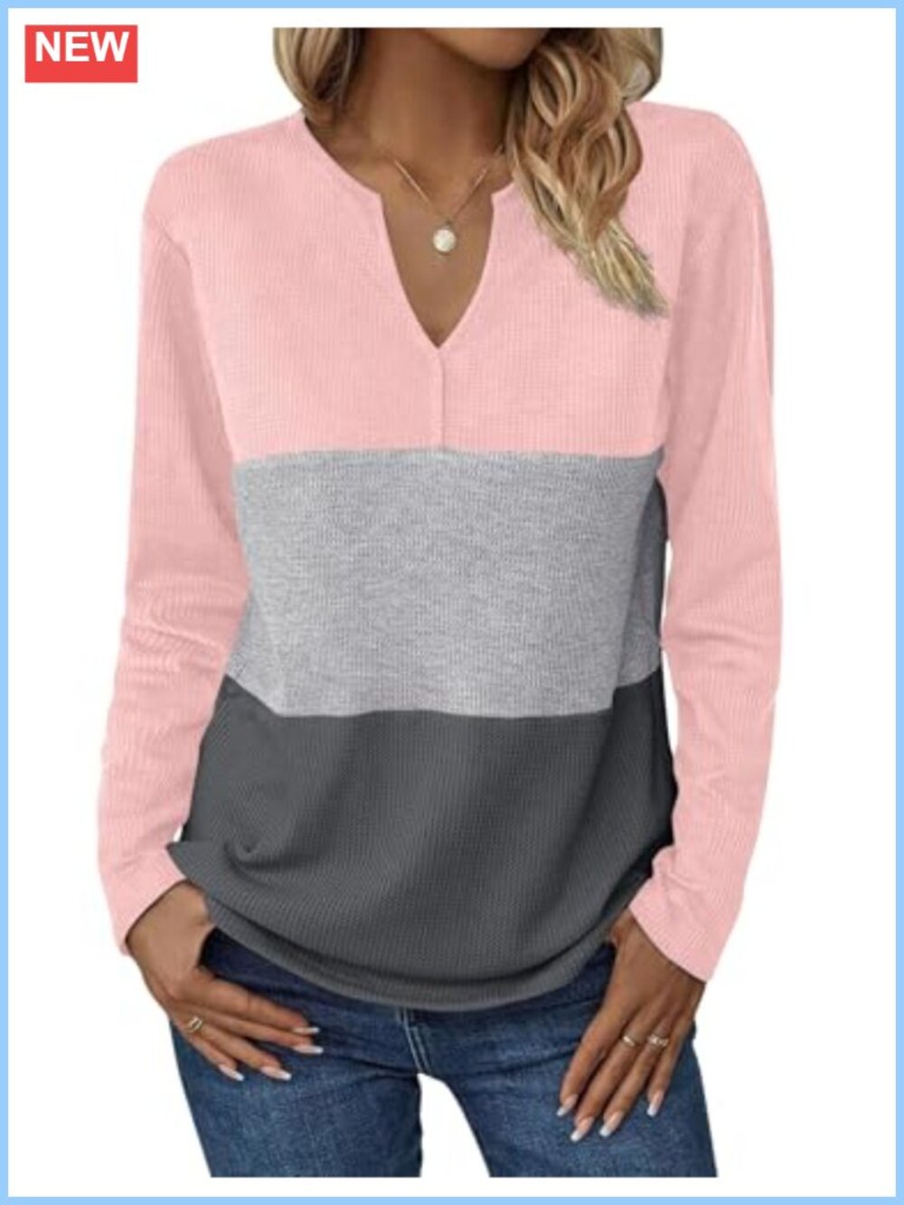 Waffle Knit Long Sleeve V-Neck Tunic Top Color Block Casual Pullover Shirt